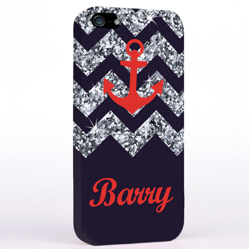 Personalized Grey Glitter Chevron Red Anchor iPhone Case