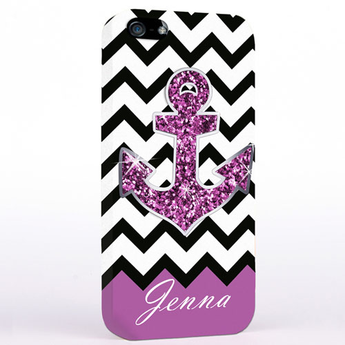 Personalized Glitter Purple Anchor Black Chevron iPhone Case