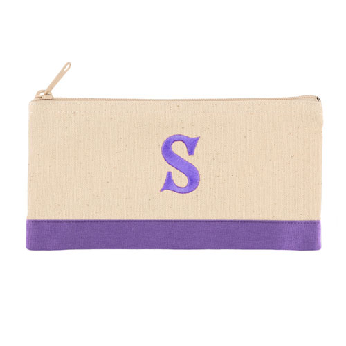 双色紫色个性化单面刺绣1个字母帆布拉链化妆包